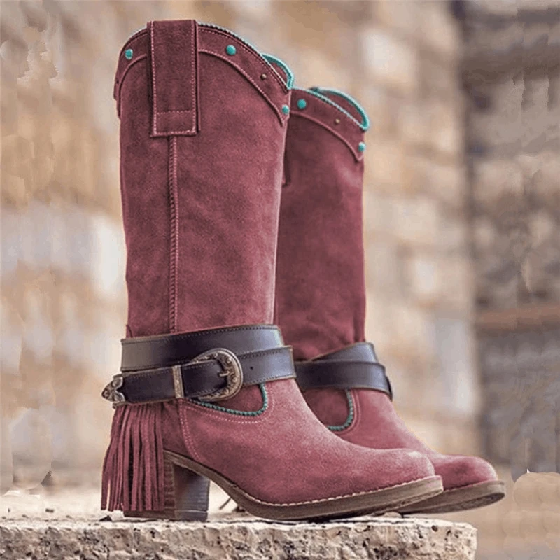 2019 Women Autumn Bohemian Boot Ethnic Tassel Fringe Faux Suede Leather Boots Ladies Square Heel Femme Botas Mejur | Обувь