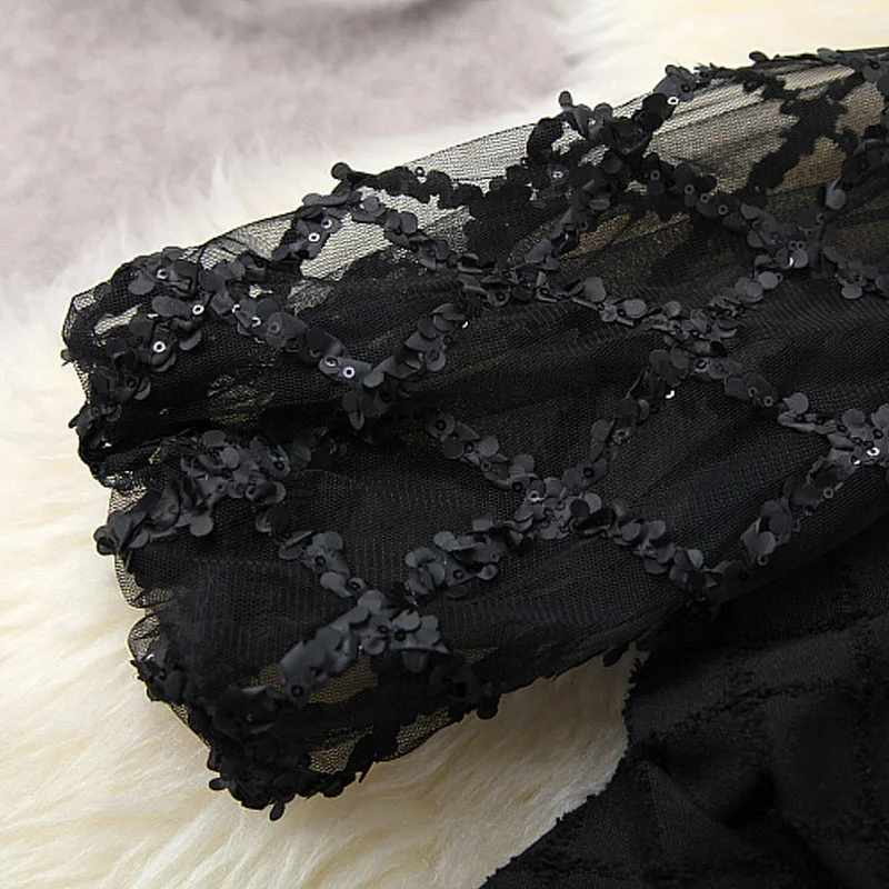 

Women High Quality 2021 New Spring Runway Designers Lantern Sleeve Sexy Black Trumpet Party Dress Transparent Mini Robe Festa