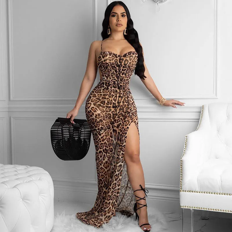 

Leopard Bodycon Maxi Dress Women Spaghetti Strap Backless Lace Up Beach Summer Dress Sexy Split Elegant Club Long Party Dress
