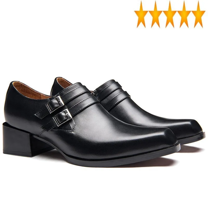 

2021 New Mens Genuine Formal Buckles Block Med Heels Square Toe Dress British Groom Wedding Leather Shoes