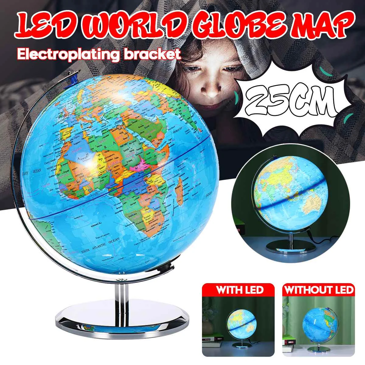 25CM World Globe Map Rotating Stand With LED Light Earth School Geography Educational Supplies Kids Toy Gift |