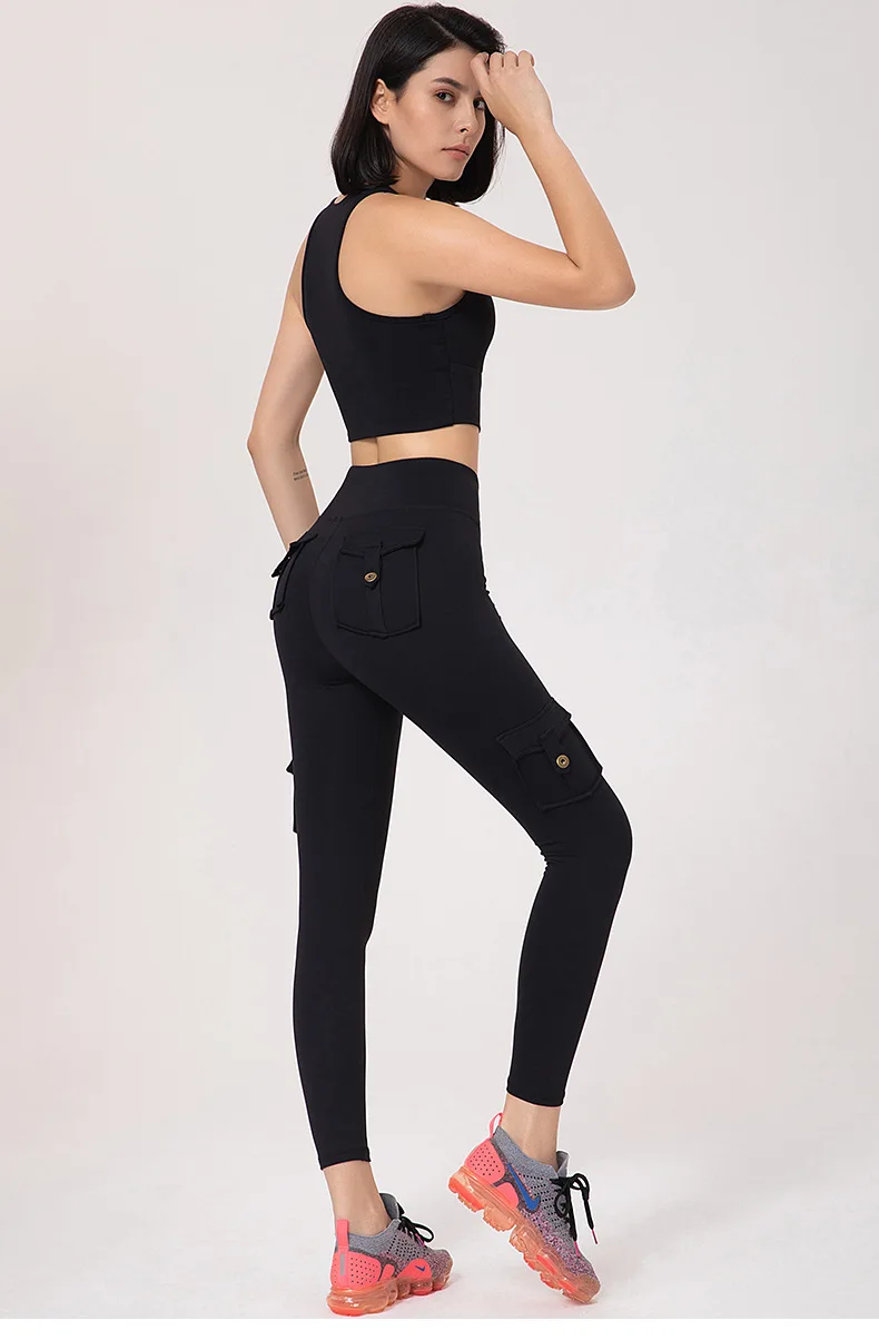 

Wepbel Vest Cargo Pocket Yoga Pants Sports Yoga Suit Women Crop Top Sports Suits Fitness 2 Piece Leggings Sports Workout