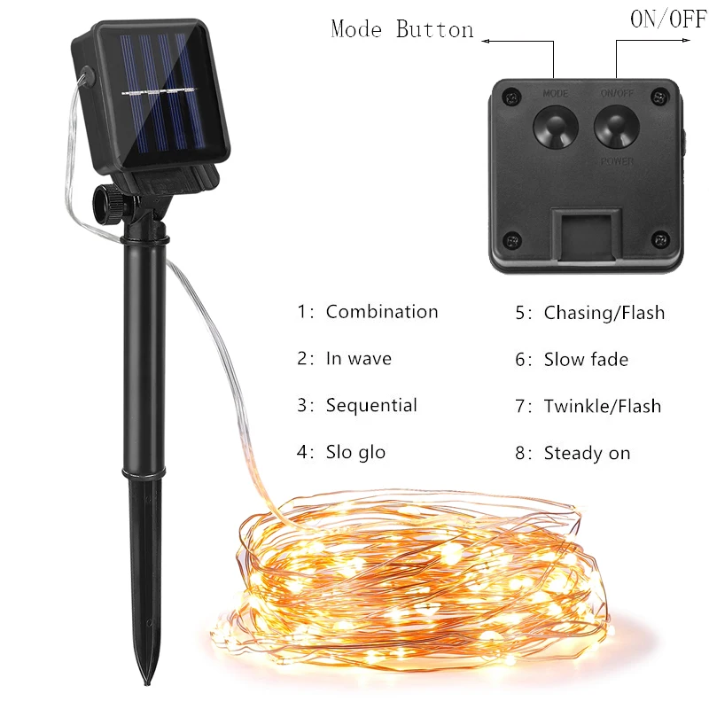 Водонепроницаемая уличная гирлянда на солнечной батарее 8 режимов 10 м 20 30