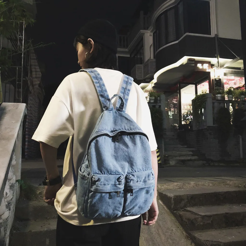 

Fashion Denim Shoulder Bag Female Denim Retro Port Wind Harajuku Backpacks Simple Large Capacity Student Travel Bag Mochila