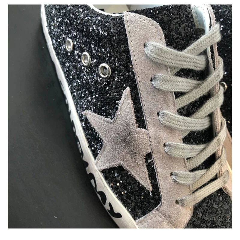 

2021 new South Korea distressed black Glitter stars dirty shoes men and women leather sneakers with increased flat shoes