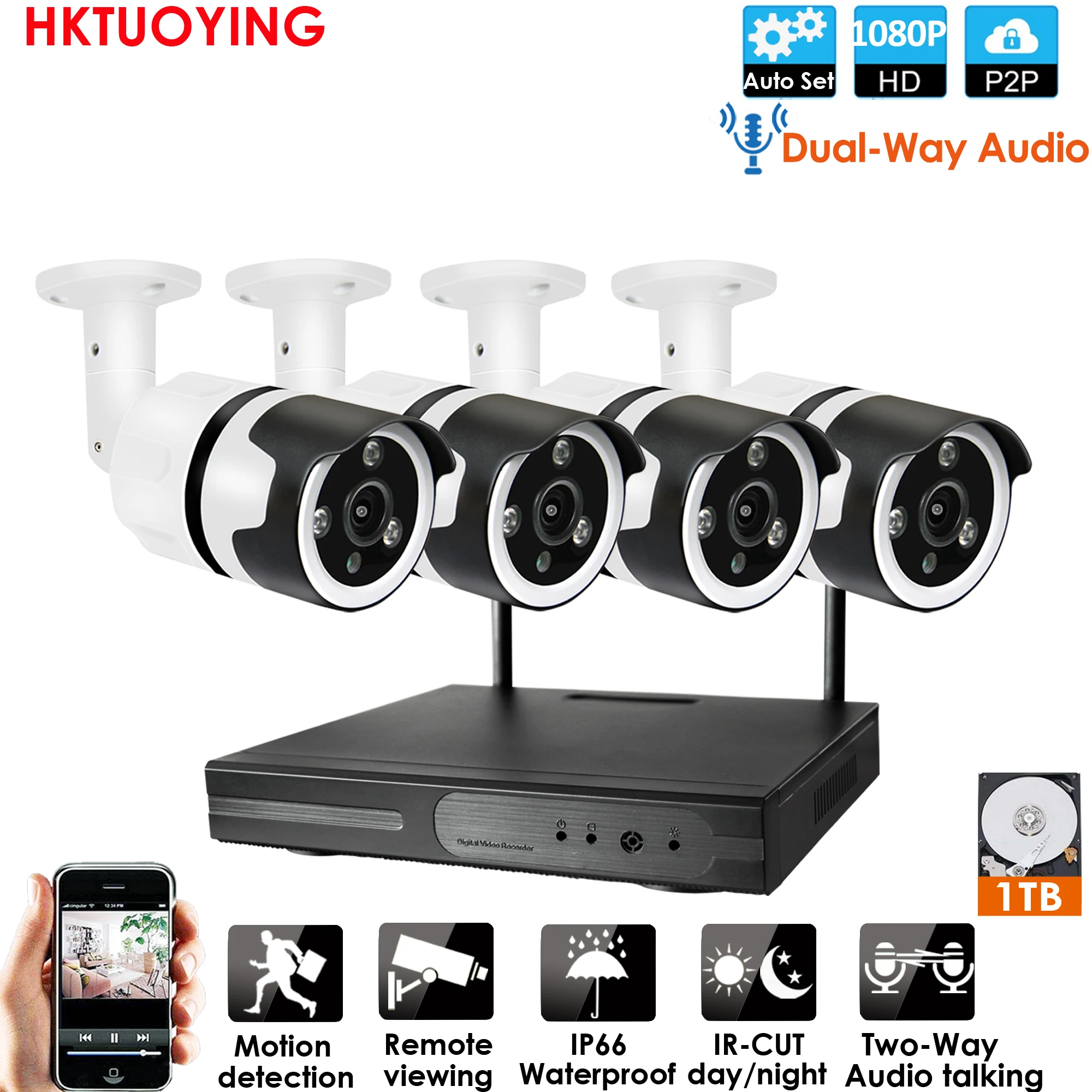 8 канальная Двухканальная аудио HD Беспроводная NVR Kit P2P 1080P домашняя уличная ИК