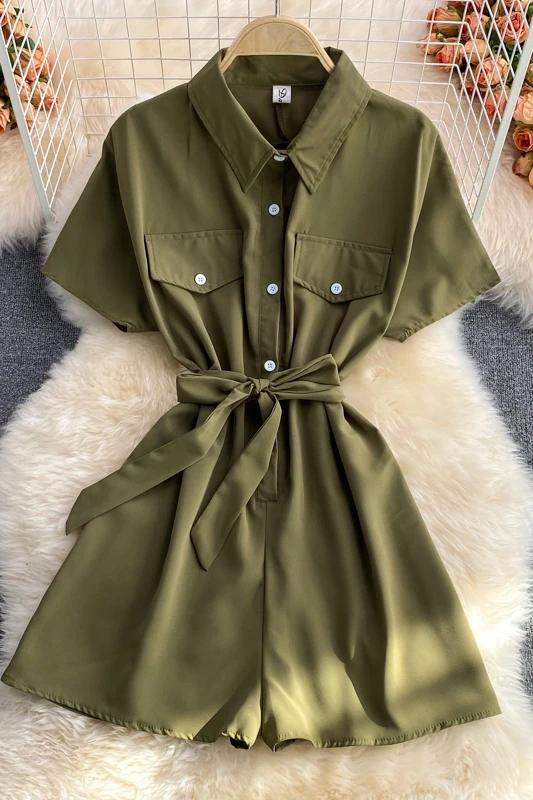 

2021 Summer New Korean Lapel Double Pocket Single-breasted Short Sleeve High Waist Lace Casual Wide Leg Jumpsuit Women