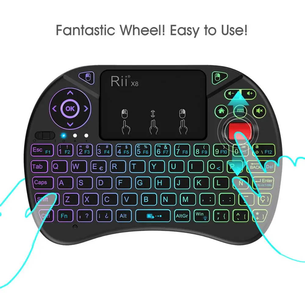 

Original Rii X8 2.4GHz Spanish Mini Wireless Keyboard with Touchpad, changeable color LED Backlit, Li-ion Battery for TV Box