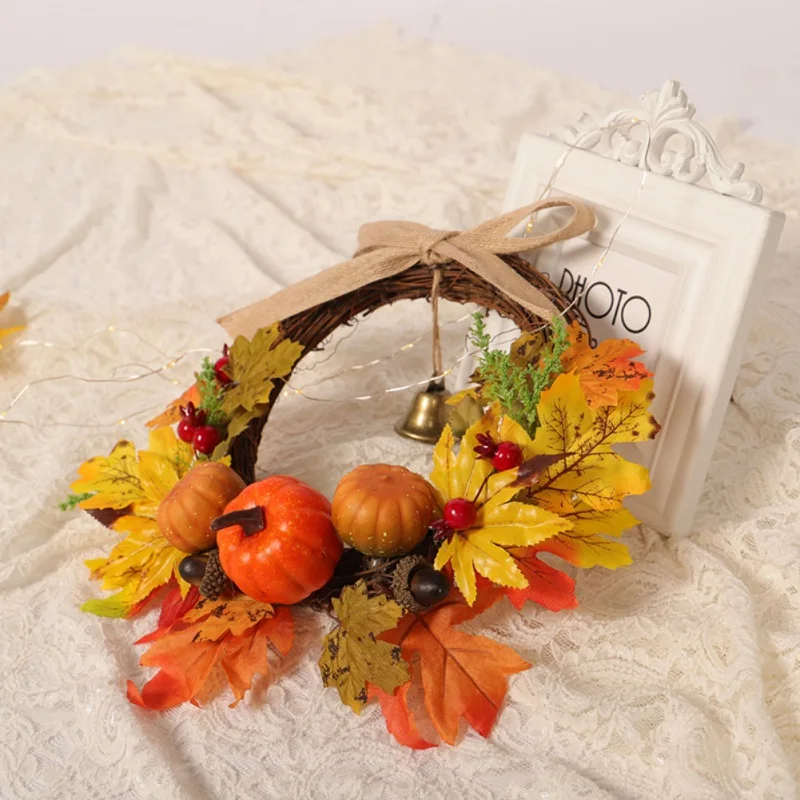 

Artificial Wreath With Pumpkin Maple Leaves And Bell Autumns Harvest Thanksgiving Day Decoration Garland Front Door Wall Hanging