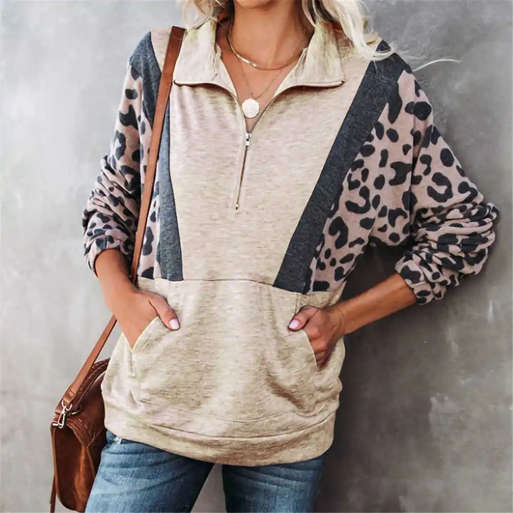

ICCLEK Patchwork Sweatshirt Zipper Turn-down Collar Hoodies Women Leopard Loose Pullovers Casual Oversize Tops For Woman Pocke