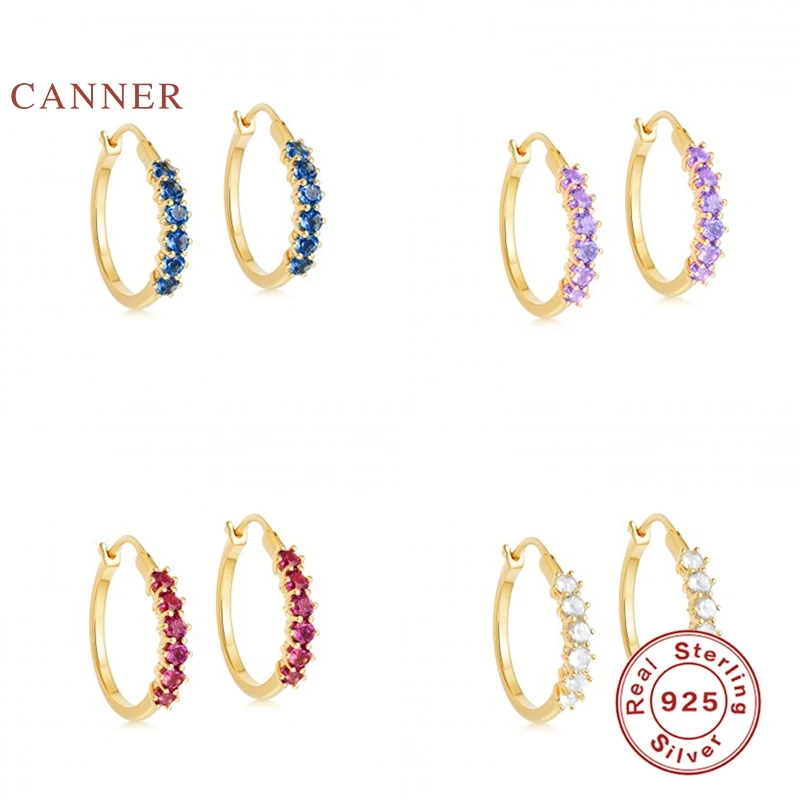 

CANNER 925 Sterling Silver Earrings For Women New Blue Red Zircon Round Earrings Hoops Pendientes Plata 925 Fine Jewelry Joyero