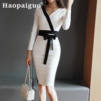 2019 autumn winter contrast black dress women with sashes white work office dress women casual bodycon dress women ropa mujer