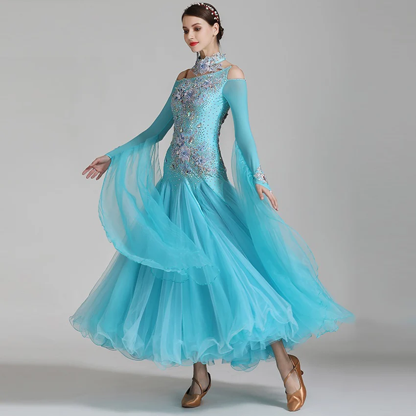 

Платье Waltz для Бальных соревнований, стандартный костюм для танцев и представлений, женские вечерние платья высокого качества с ленточным рукавом