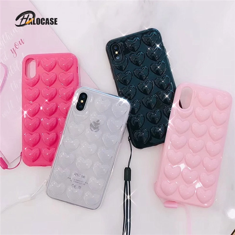 

Zcase 3D Love Heart Case For iPhone 11 Pro Max XR XS Max 7 8 6 6S Plus Candy Color With Lanyard Strap Silicone Soft Back Cover