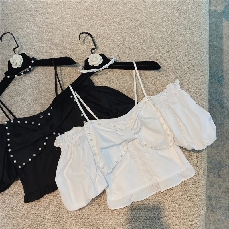 2021 Summer Korean Western Style Sweet Style Bead Edge Bow Suspenders Off-the-Shoulder Short Sleeve Chiffon Shirt Top