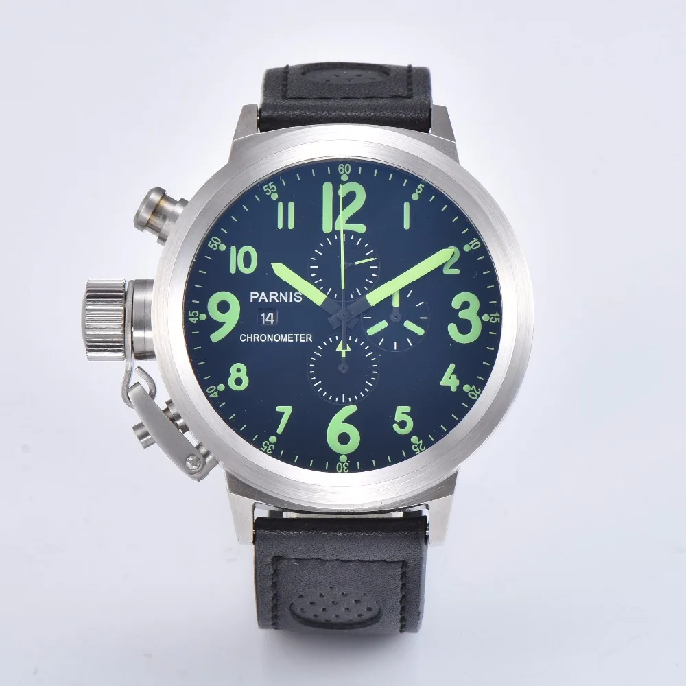 Мужские часы с хронографом Parnis 50 мм кожаный ремешок светящийся Спортивный