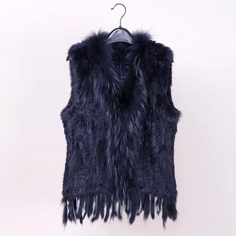 navy blue VR006 Горячая жилет из кроличьего меха Женский вязаный натуральный мех енота воротник жилет куртка размера плюс 4xl - Цвет: navy blue