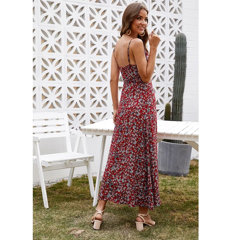 

Women'S Floral Strap Slim Fit Skirt Casual Dress Red S Size
