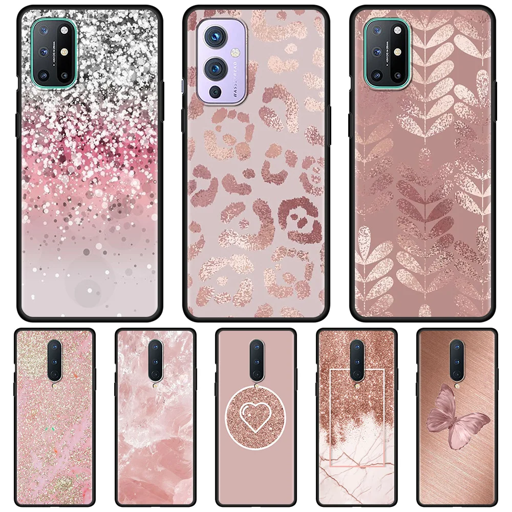 

Phone Case For OnePlus 8T 8 Nord N10 2 N100 N200 7 7T 9 Pro 9R Z Black TPU Fundas Silicone Coque Pink Butterfly Glitter Hearts