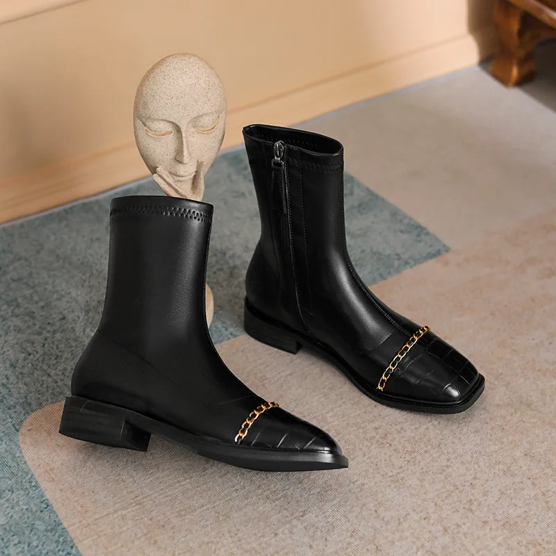 

Luxury Women's Chelsea Boots Metal Decoration Genuine Leather 2021 New Autumn Winter Boots Ladies Elegant Zipper Ankle Boots