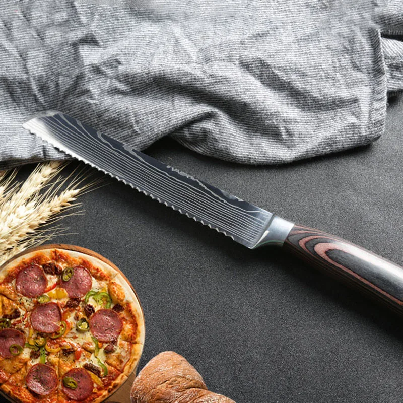 7CR17 кухонный хлебный нож зубчатый дизайн лазерная Дамасская нержавеющая сталь
