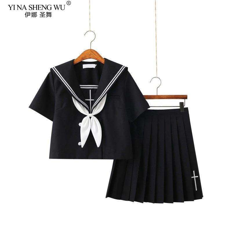 

Cross Embroidery School Uniform High School Girl Sailor Suits Cosplay Costume Black Short Long Sleeve Japanese Anime Uniforms