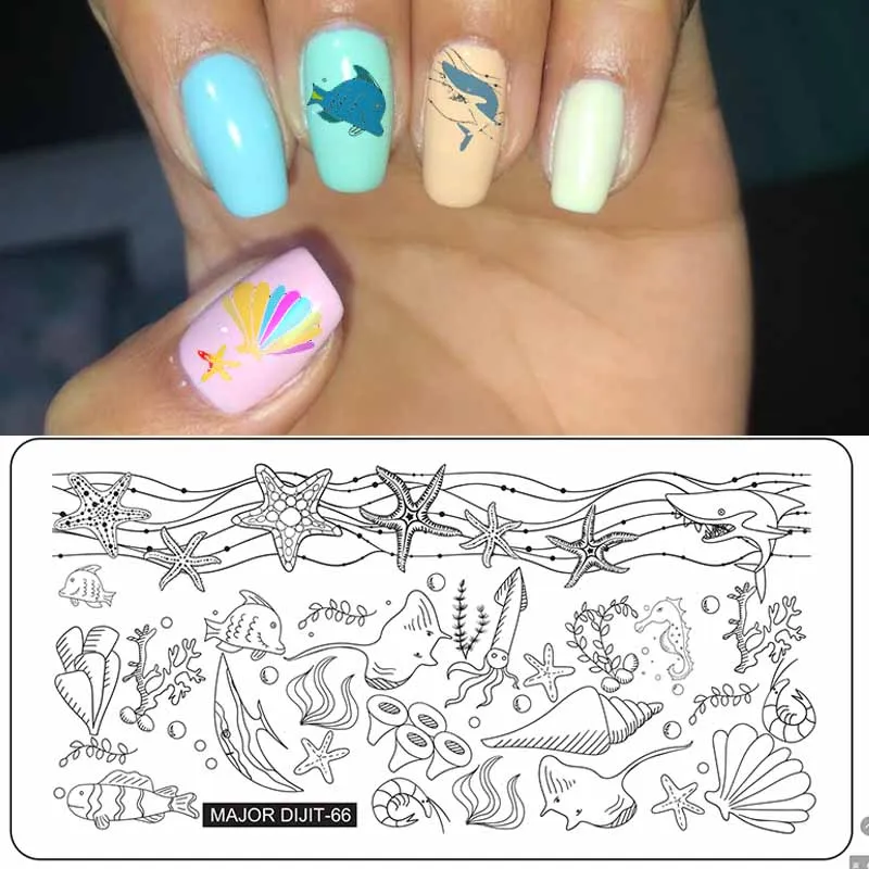 Пластины для штамповки ногтей прямоугольник 3D Русалка Морская звезда Дельфин