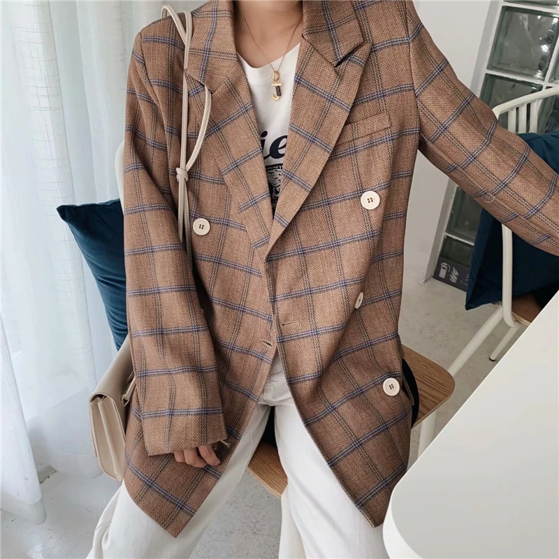 

TMODA708 Za Women Clothes 2021 Spring Winter Clothes Women Color Plaid Double Breasted Suit Jacket Female Feminino Blazer Women