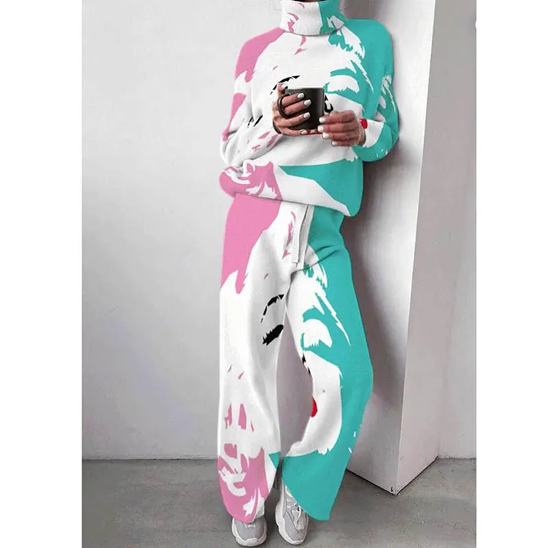 

Женский трикотажный костюм Tie Dye, однотонный комплект из 2 предметов, пуловер и брюки с широкими штанинами, водолазка на зиму