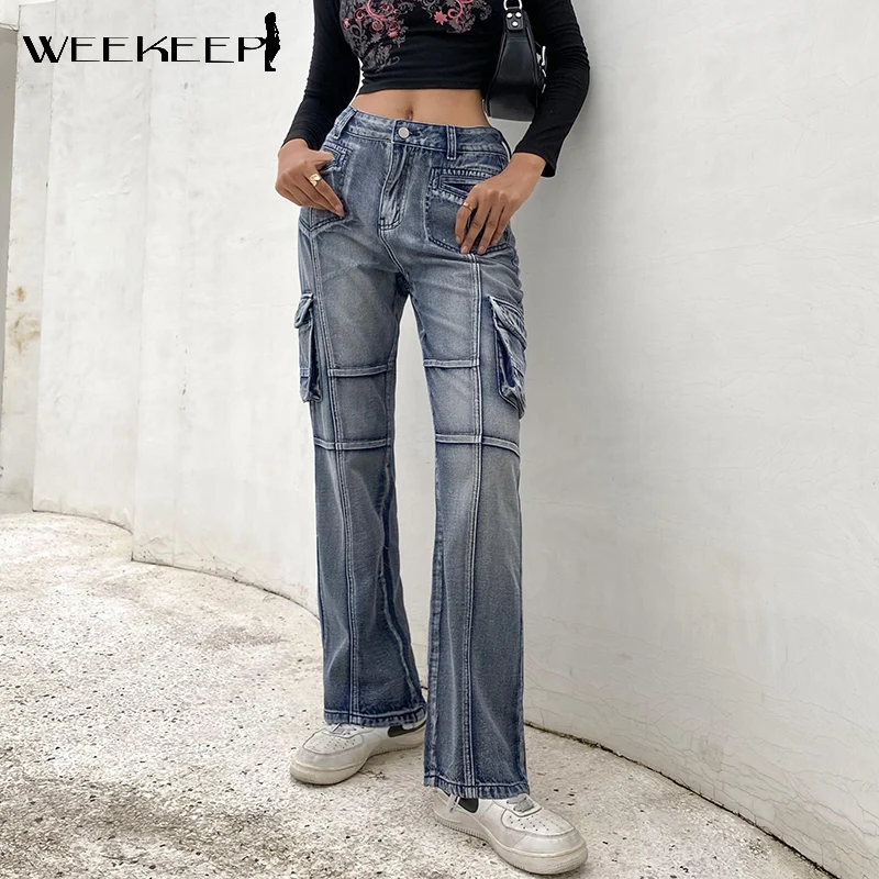 Weekeep винтажные уличные мешковатые джинсы женские с высокой талией карманные
