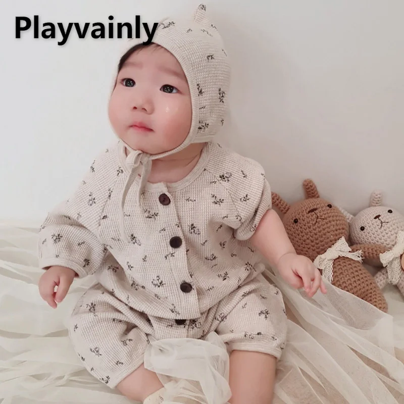 

2021 Korean Style Autumn Kids Boys Girls Romper Floral Long Sleeves Round Collar Jumpsuit with Cap Newborn Clothes E1080