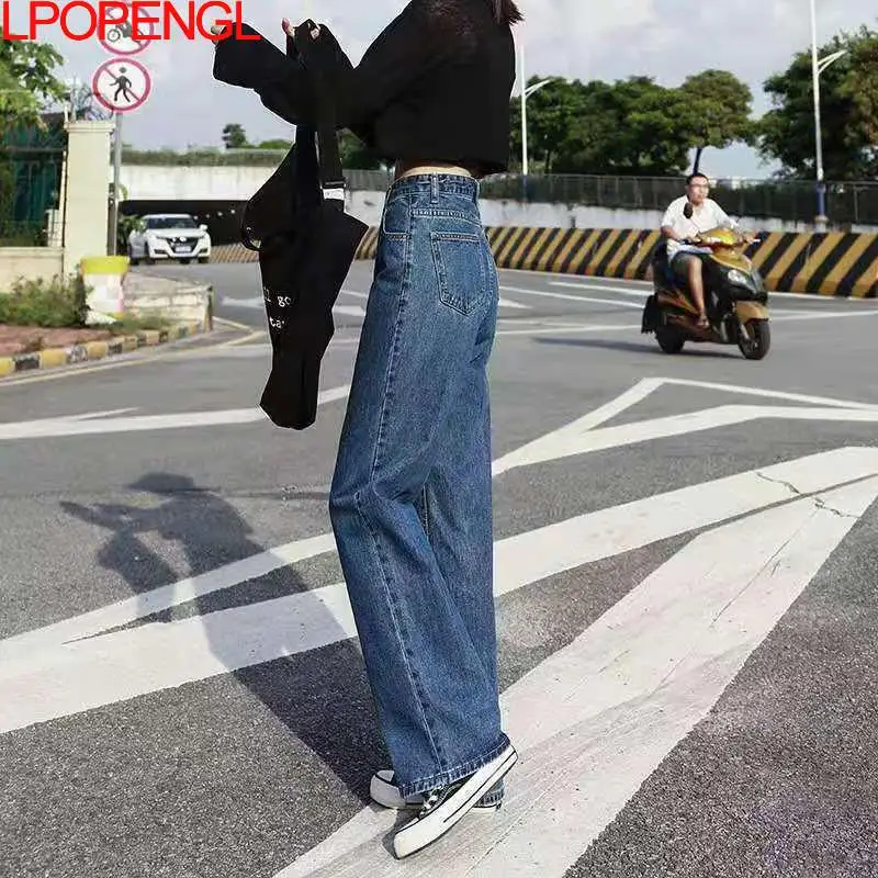 

Spring Ladies Retro Jeans 2021 New Casual Loose Fashion Sweet Style Side Open Trousers Solid Color Large Pockets