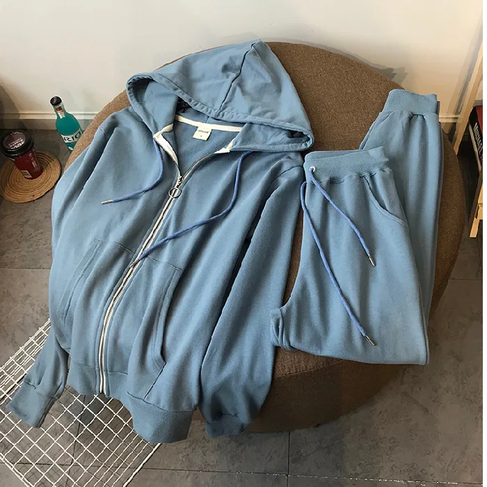 

two-piece spring autumn new zipper hooded sweater top women casual fashion loose sweatshirt solid color long sleeve suit women