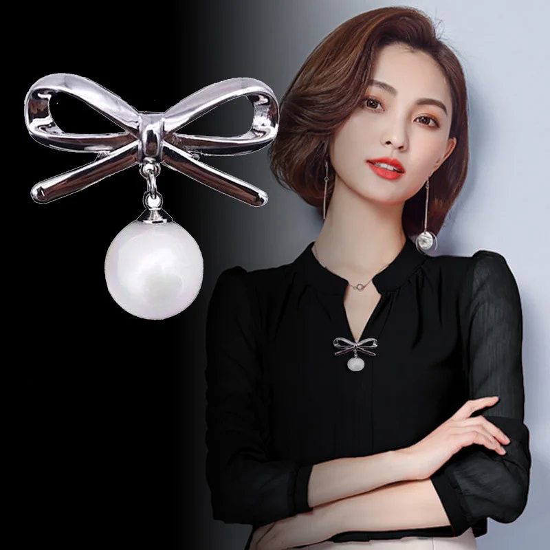 

Korean Style Simple Pearl Bow Brooch Ladies Clothes Buckle Pin Brooches Fashion For Women Jewelry Badge Accessories New TC21