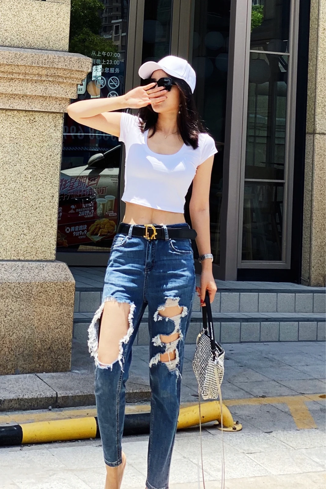 Euro 2021 new summer thin perforated jeans women's High Waist Stretch slim little feet quarter pants fashion