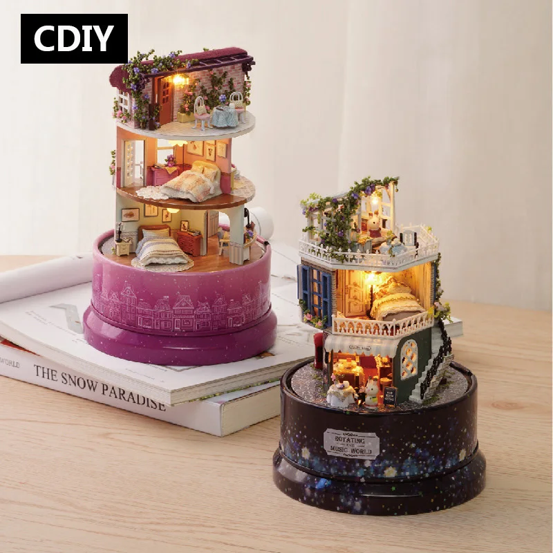 DIY кукольный домик вращающаяся музыкальная шкатулка миниатюрные сборные наборы