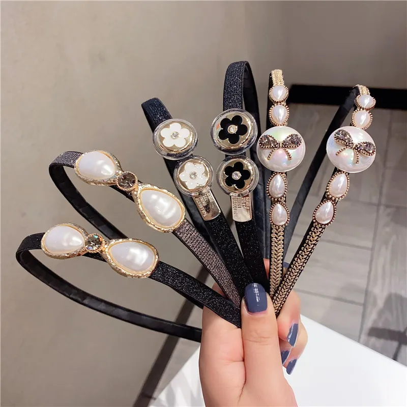 

Bowknot Flower All Match Hairband Women Black Golden Pearl Rhinestone Headband Female Street Sweet Hair Accessories Headwear