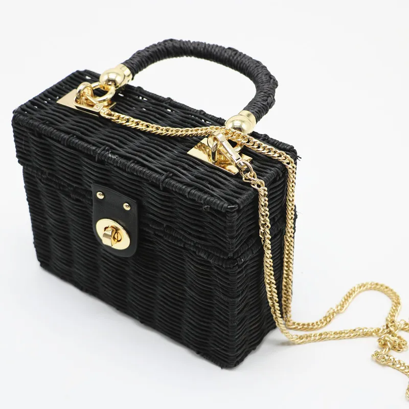 

Summer Beach Bag Box Handbag Women Vacation Chain Woven Straw Handbag Wicker Wood Bohemian Rattan Clutch Bag Female Shoulder Bag