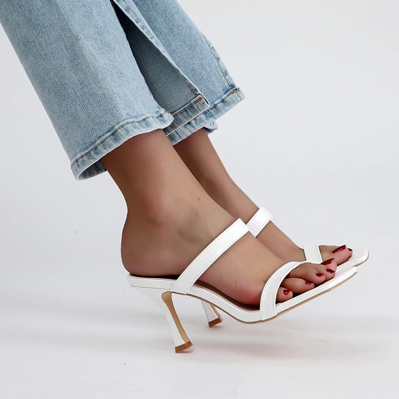 

Летние однотонные женские туфли на высоком каблуке, туфли на высоком каблуке-шпильке с открытым квадратным носком, сандалии и тапочки 2022