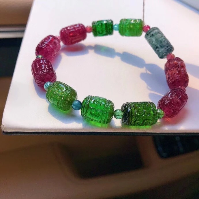 

Genuine Natural Colorful Tourmaline Bracelet Red Green 15/10mm Clear Barrel Carved Beads Women Men Fashion AAAAAA