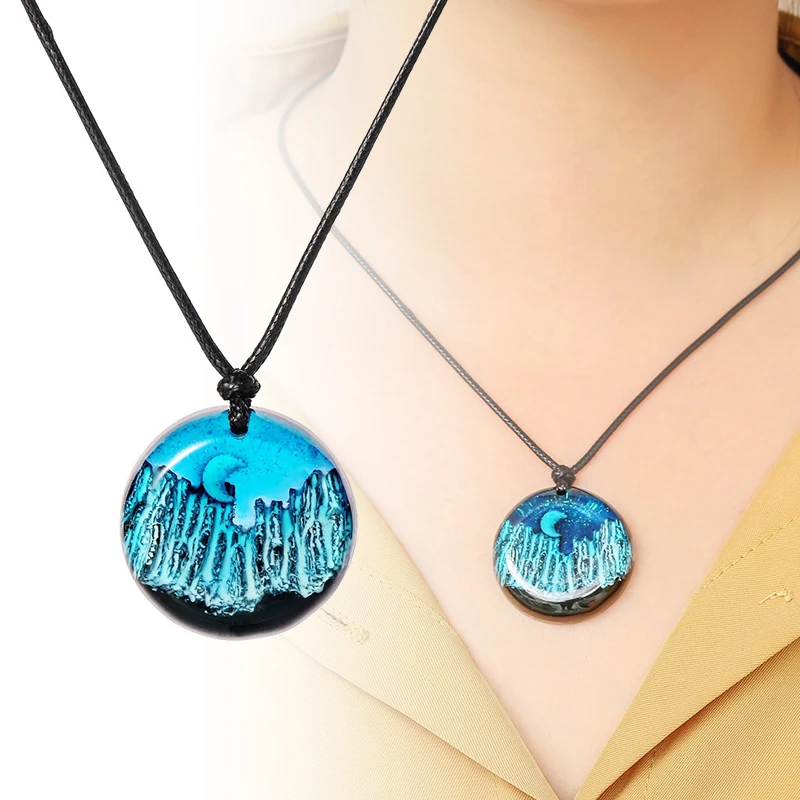 

2020 Landscape Resin Pendant Necklace Mountain Moon Trees Round Resin Glass Pendant Wax Rope Necklace For Female Charming Chain