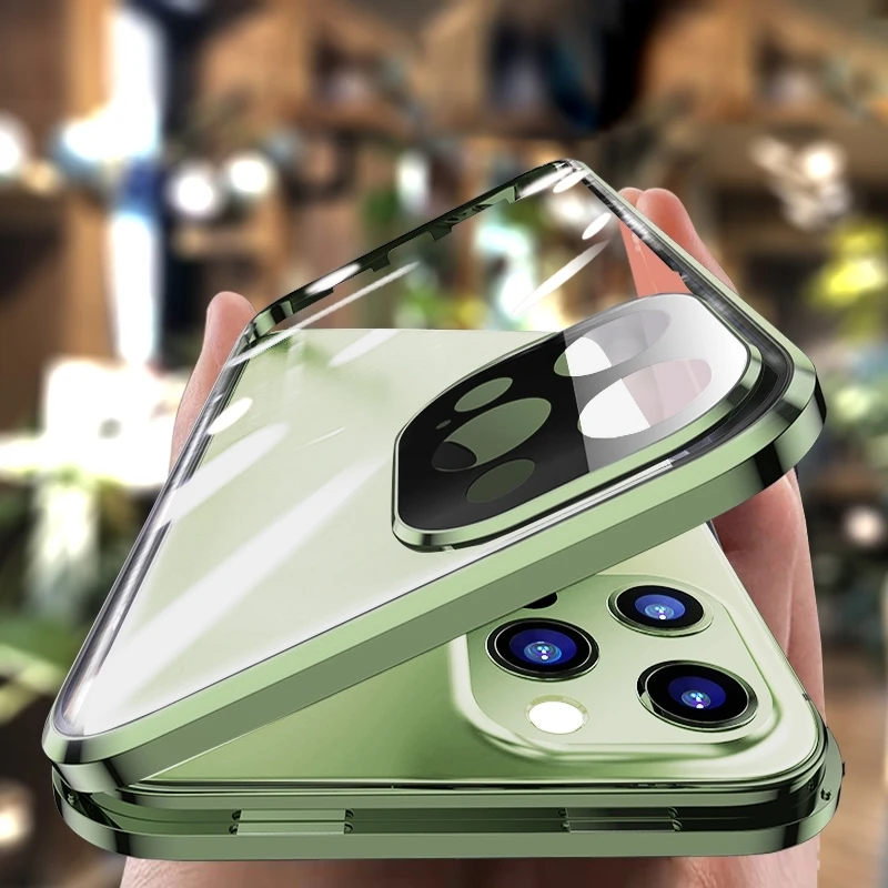 

360 магнитный металлический чехол для IPhone 12ProMax 12 Mini 11 Pro Max 11 двухсторонняя стеклянная крышка Защитная пленка для объектива камеры