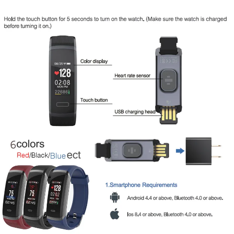 Longet GT101 фитнес-трекер пульсометр умный Браслет Bluetooth с монитором сна шагомер SMS напоминание для iPhone X