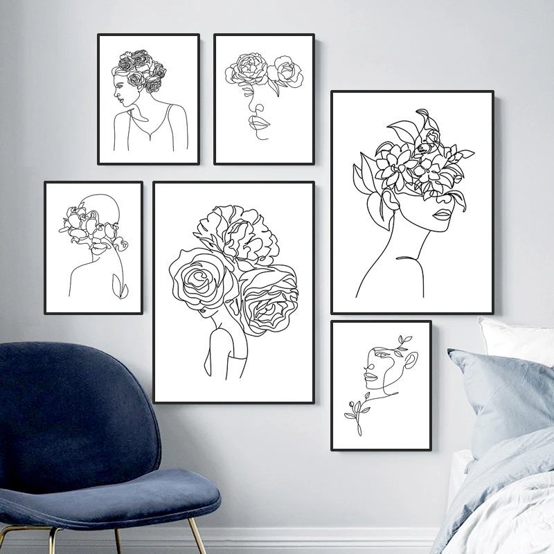 

Simple Girl Art Wall Canvas Painting Black White Line Art Picture Abstract Print And Poster For Living Room Home Decor HD3025