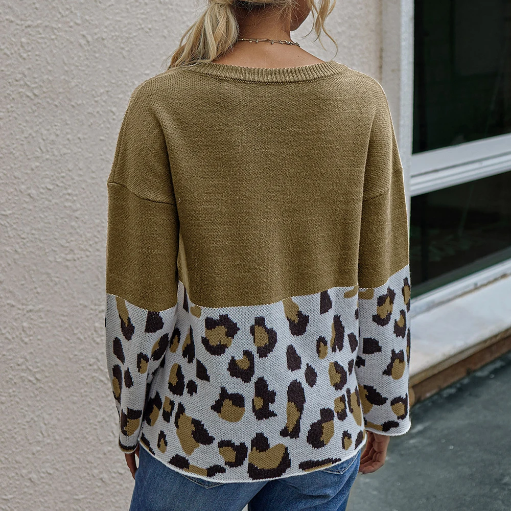 Winter Women's Long-sleeve Knitted Sweater Pullover 2020 Loose Round Neck Leopard | Женская одежда