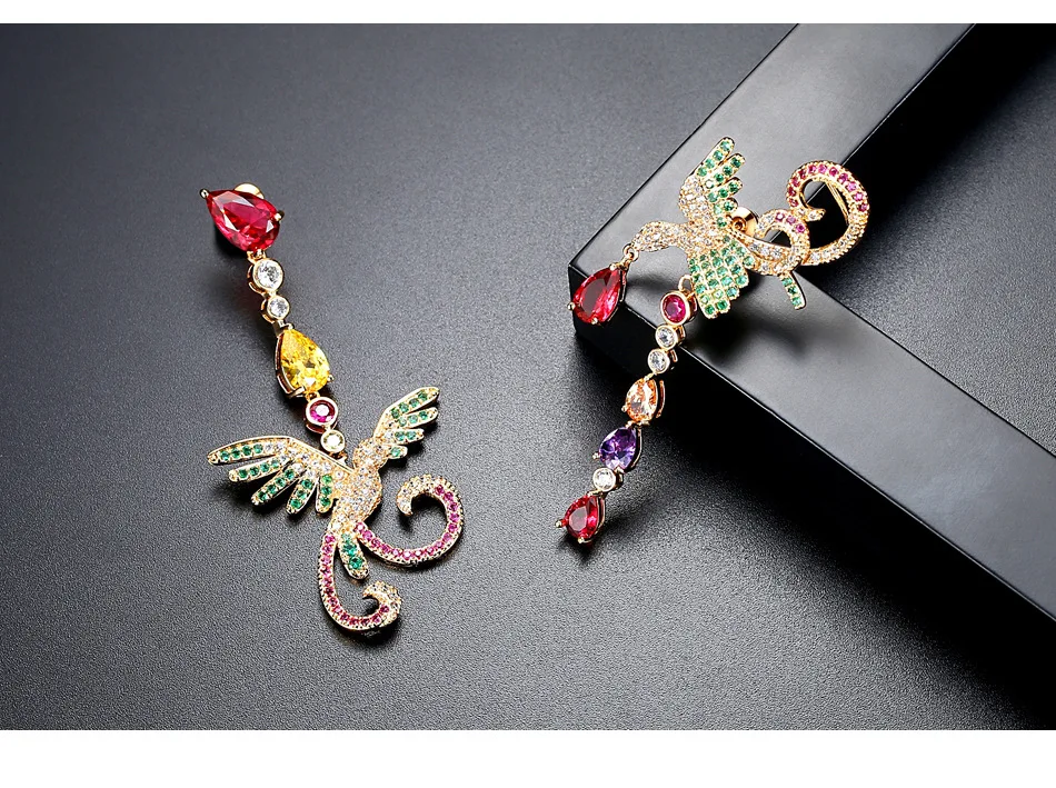 CZ розовое золото Асимметричные животные Феникс длинные висячие Висячие серьги