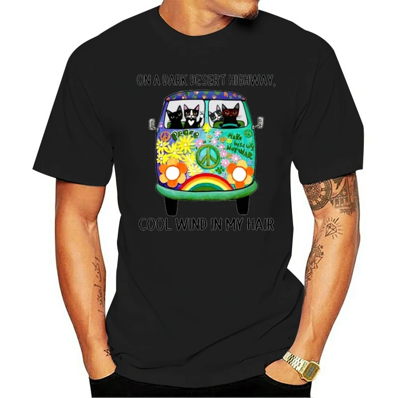 

On A Dark Desert Highway Cool Wind In My Hair Hippie Bus Cat Men's T-Shirt