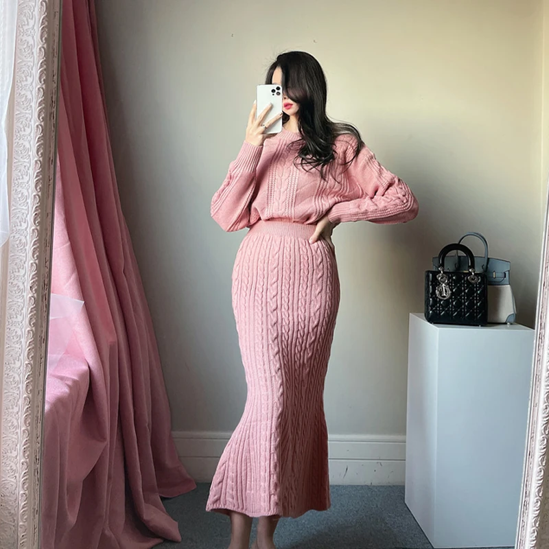 

Sweater knitting 2 piece korean Ladies set winter Long SLeeve Pink harajuku Party Suit for women china clothing