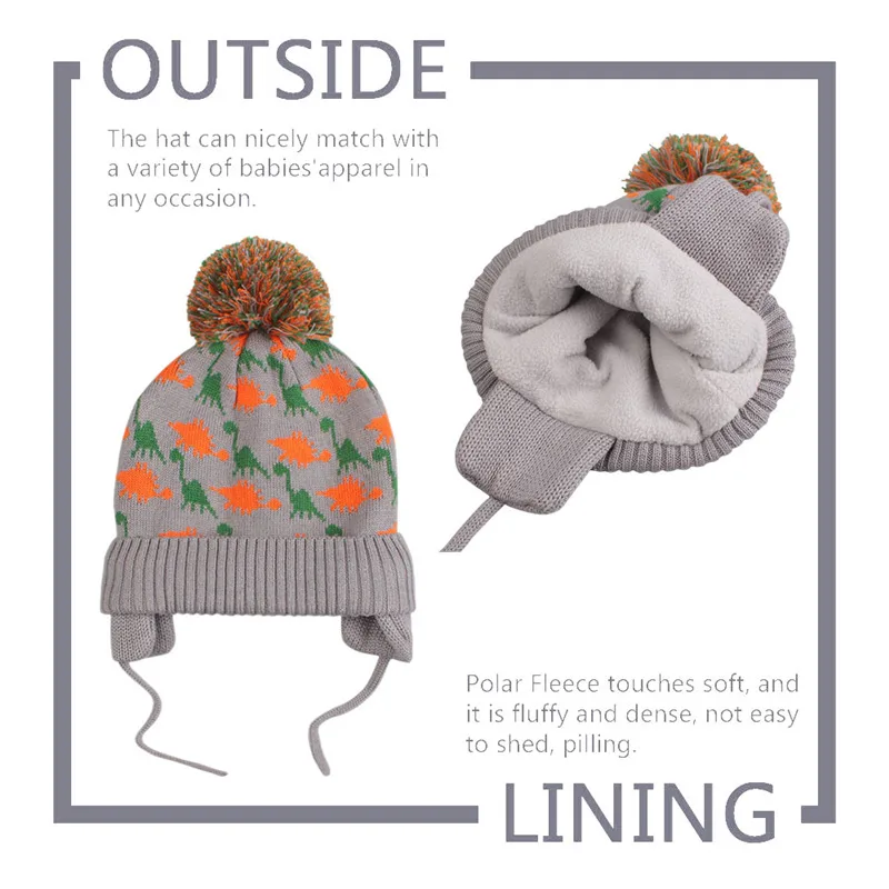 Dinosaur Baby Beanie Scarf Hat Set Toddler Boy Girl Winter Spring Earflap Cap Thick Lining Warm with Neckerchief Elastic | Детская