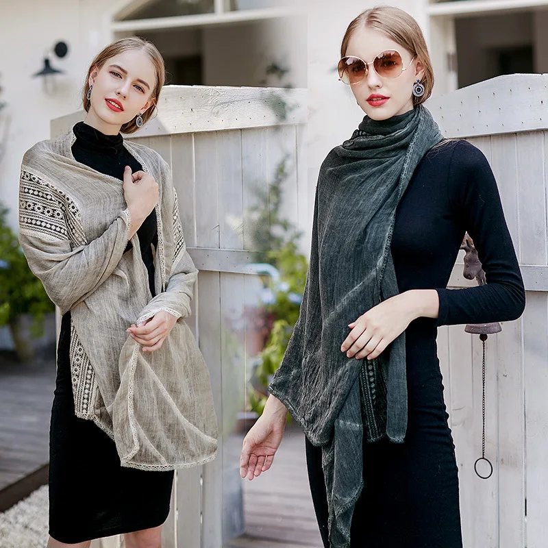 

2020 spring and Autumn New Korean lace cotton hemp popular embroidered feminine hollow out scarf women 1709